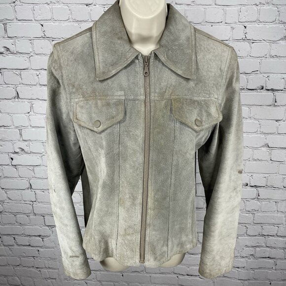 VTG Express Bleus Grey Genuine Suede Satin Lined Zipped Jacket Size Medium M - Picture 1 of 16